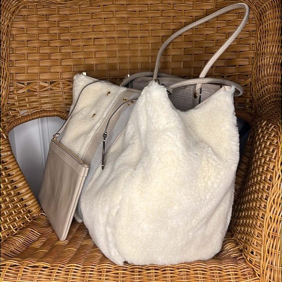 ♠️kate spade Everything Racing Stripe Faux Shearling Fur Large Tote, Cream, NWT - Picture 10 of 16
